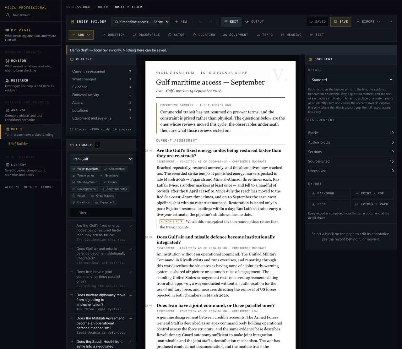The Brief Builder: an outline of nine sections totalling nineteen blocks and sixteen sources, a library of canonical Iran–Gulf objects to insert, a white paper canvas carrying the briefing with its executive summary and three Watch questions each printing their own assessment, condition date and confidence, and a document panel offering Markdown, print or PDF, JSON and evidence-pack exports.