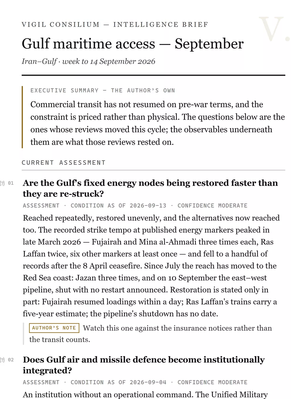 The briefing on paper: a Vigil Consilium intelligence-brief masthead, the title “Gulf maritime access — September”, the scope line “Iran–Gulf · week to 14 September 2026”, an executive summary marked as the author’s own, and beneath it numbered blocks each carrying its register, its condition date and its confidence.