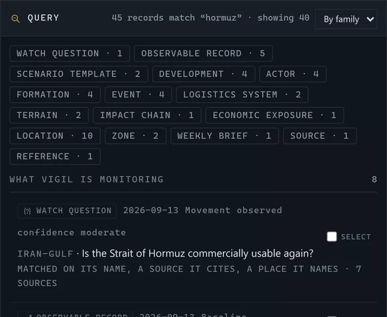 The query instrument after searching “hormuz”: a count of 45 matching records, a grouping control set to “by family”, and a row of family facets — watch question 1, observable record 5, scenario template 2, development 4, actor 4, formation 4, event 4, logistics system 2, terrain 2, impact chain 1, economic exposure 1, location 10, zone 2, weekly brief 1, source 1, reference 1.